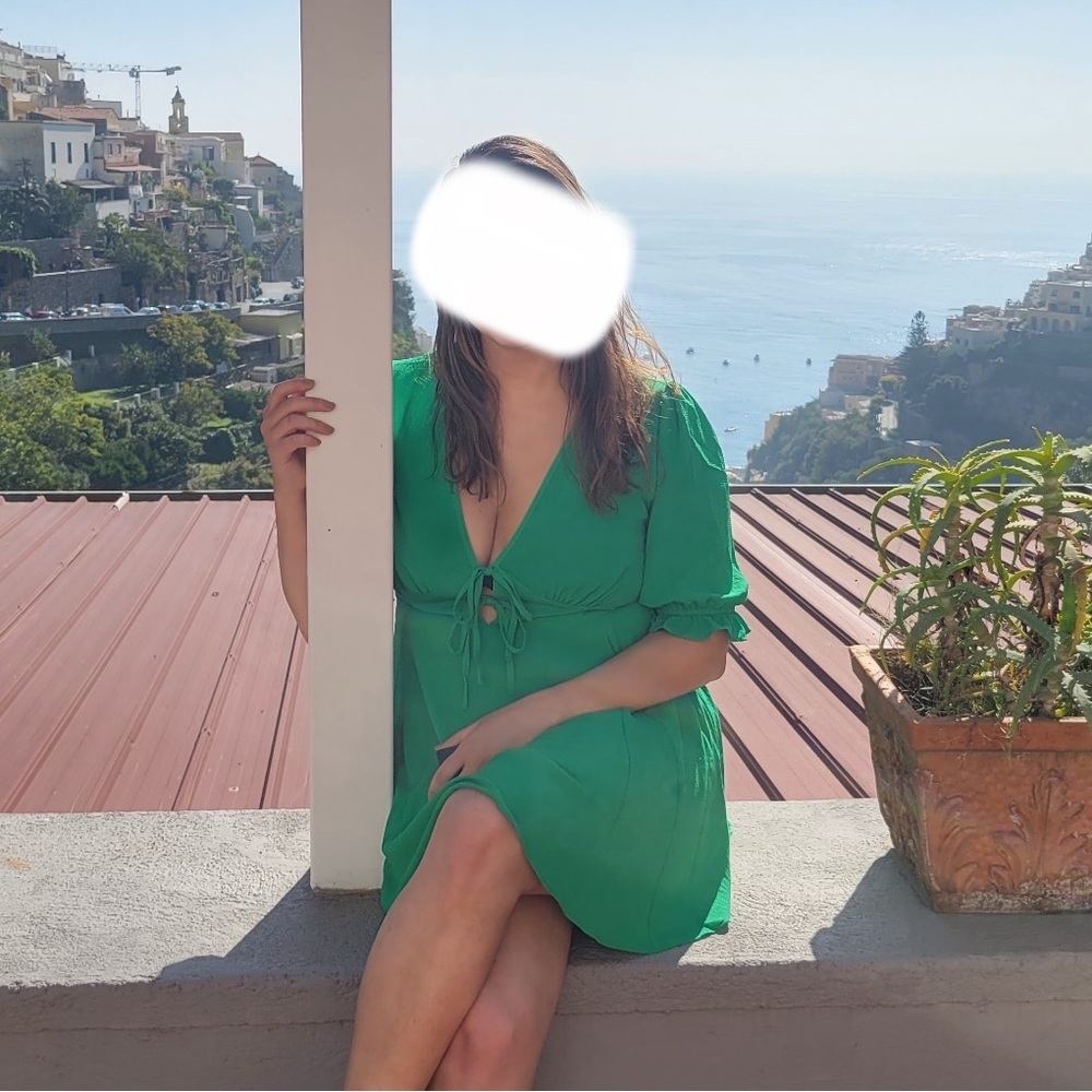 tie front mini tea dress with godets in bright green - Picture 3 of 8